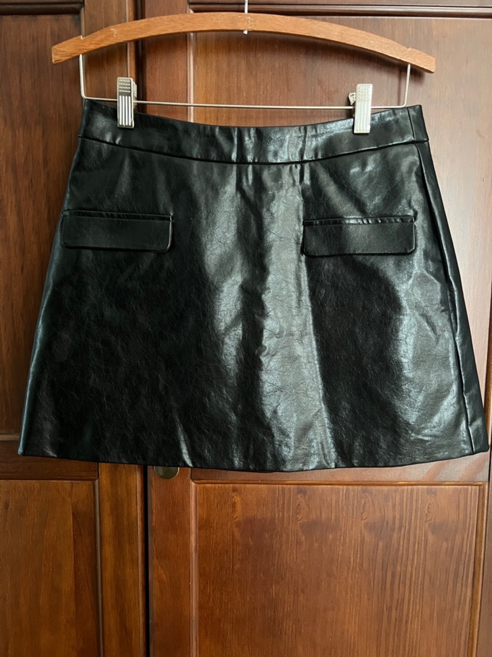 Meshki Boutique Black Faux Leather Mini Skirt with Front Flap Pocket Flaps S